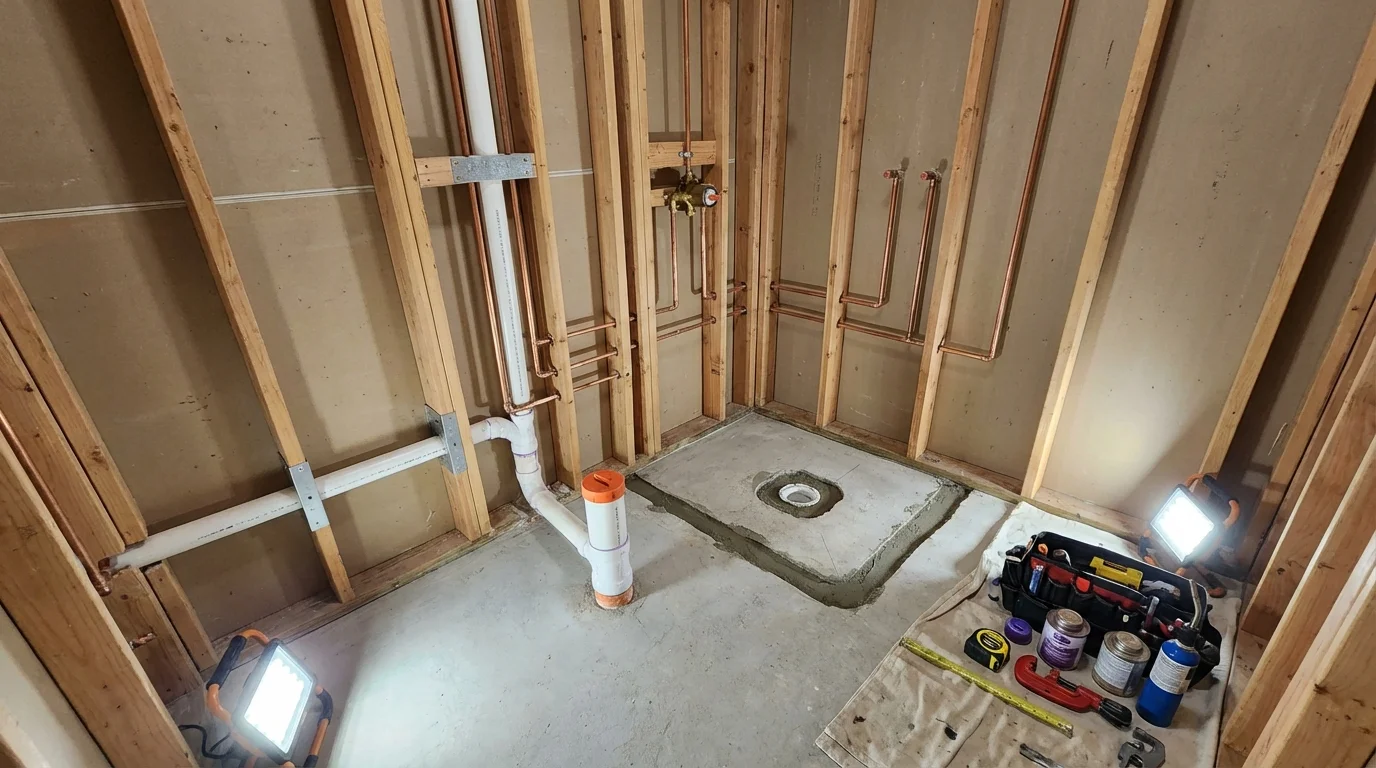 Bathroom rough-in plumbing during remodel by Johns Plumbing LLC in Whitmore Lake