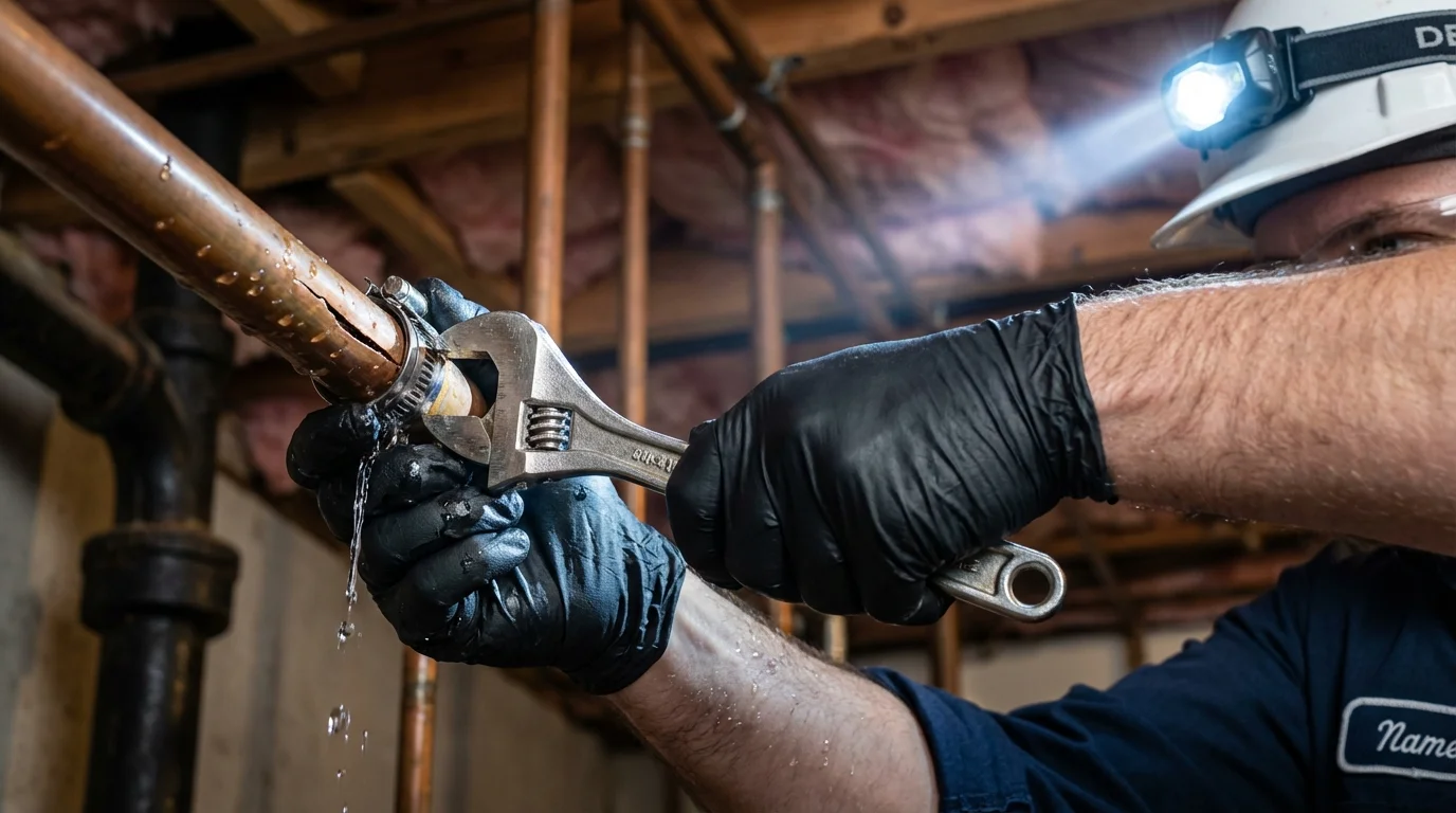 Emergency pipe clamp repair being performed by a Johns Plumbing LLC plumber in Whitmore Lake