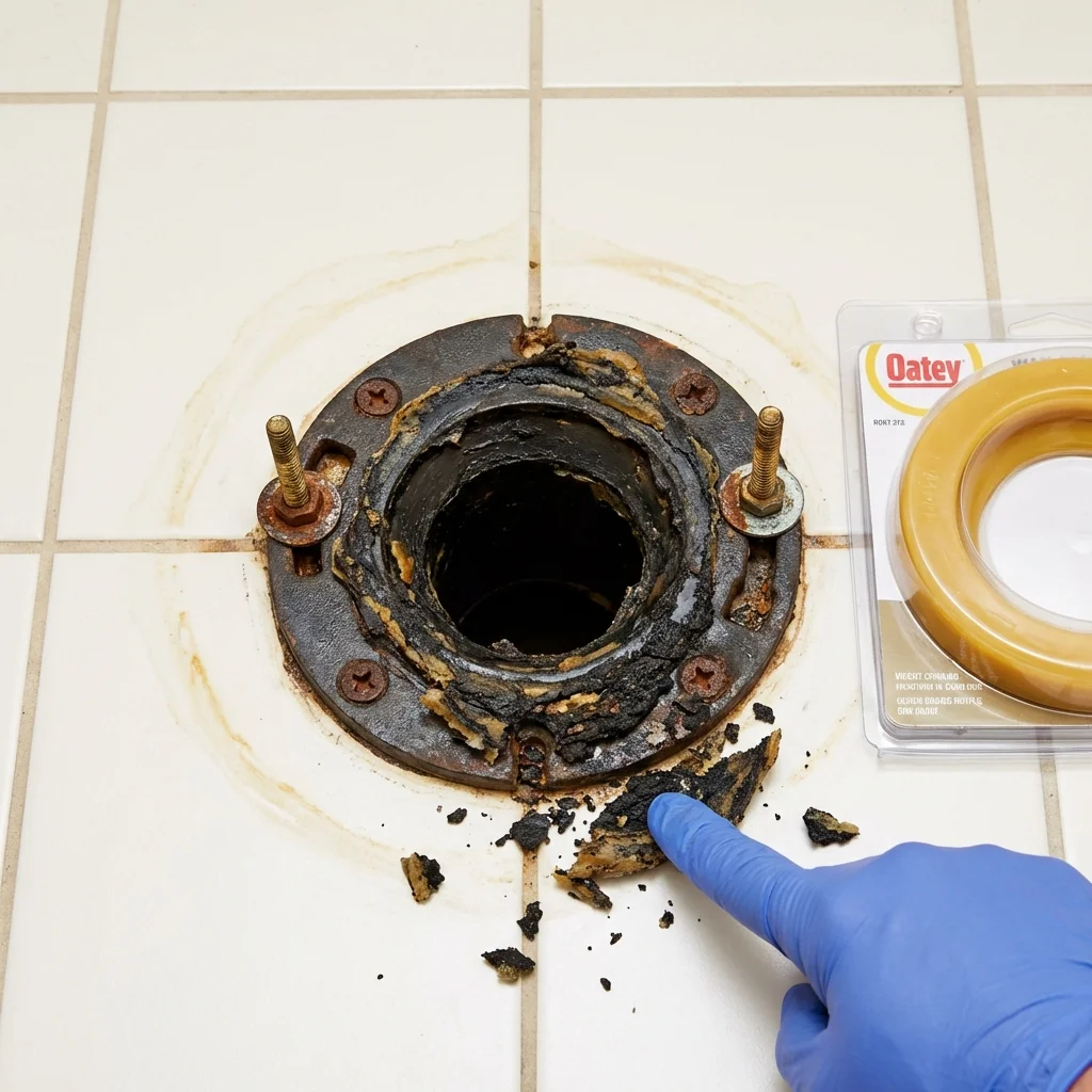 Failed wax ring showing water seepage at the base of a toilet in a Whitmore Lake, MI home
