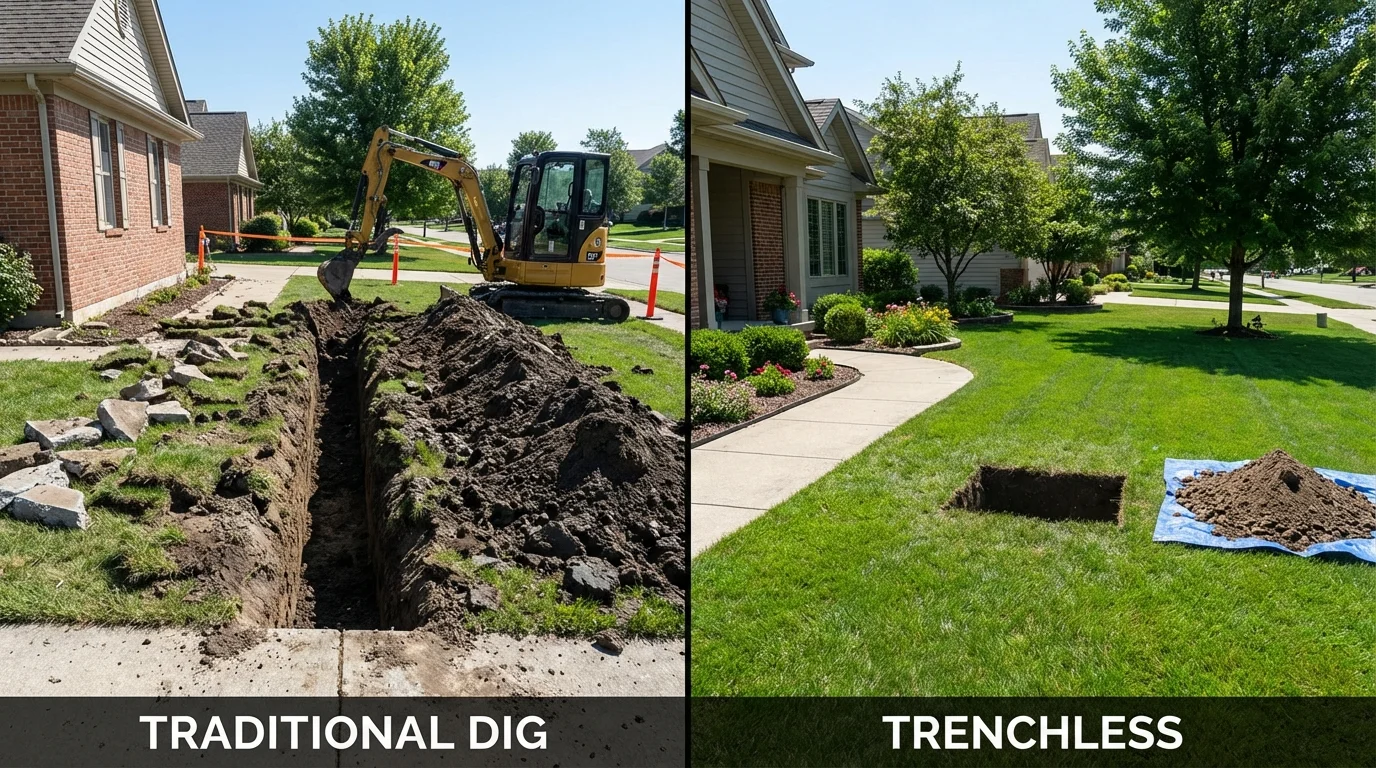 Trenchless sewer repair with minimal yard damage versus traditional excavation in Whitmore Lake, MI