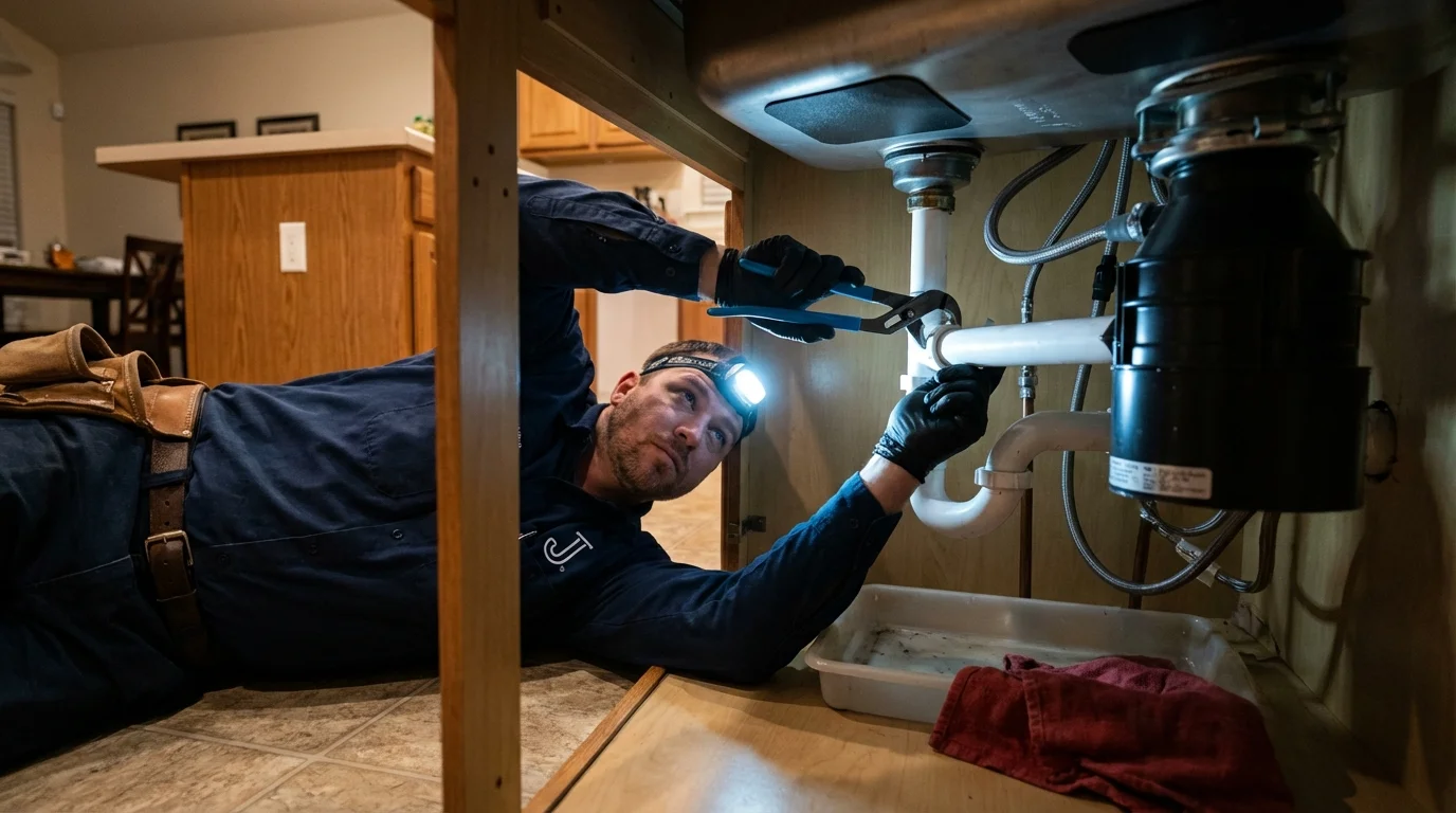 P-trap and supply line connections under a kitchen sink showing a common leak point in Whitmore Lake, MI